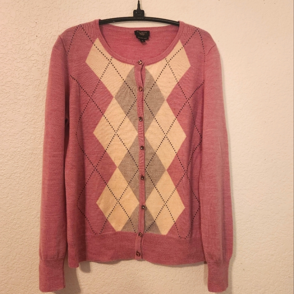 Talbots Argyle Lavendar White Gray 100% Merino Wool Cardigan, Size‎ MP
